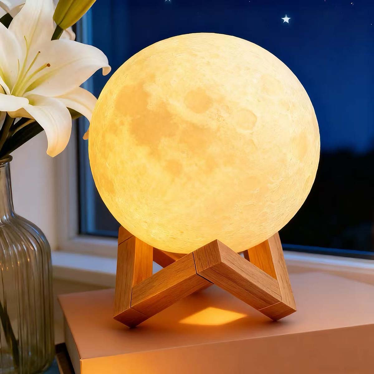 Lámpara creativa de cabecera con ambiente lunar | Lámpara nocturna para dormitorio, luz de sueño, lámpara de ambiente con diseño de luna y estrellas, recargable, popular en redes sociales.