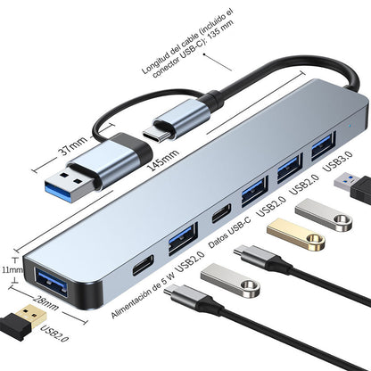Hub 7 en 1 Type-C para portátil y tablet, concentrador USB de ocho puertos