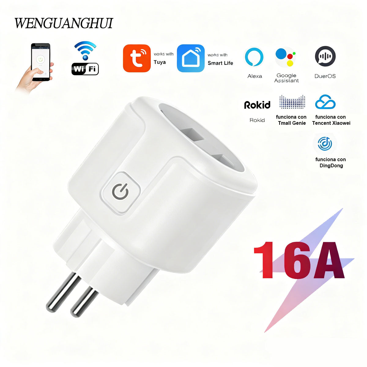 Enchufe inteligente WiFi con enchufe tipo europeo, 16A, con medición de consumo eléctrico, control remoto por voz con Alexa y desde el teléfono móvil.