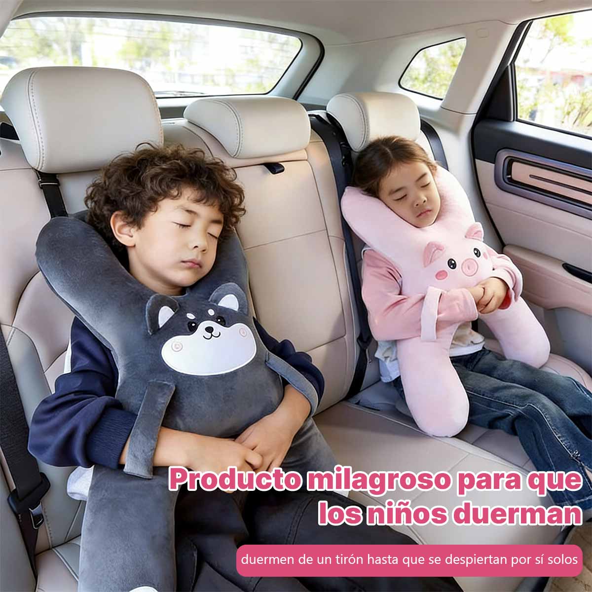 Almohada de viaje para niños en el asiento trasero del automóvil, almohada de apoyo para cuello y cintura, diseño anti-ahogo con adorables personajes de dibujos animados, ideal para dormir durante viajes.