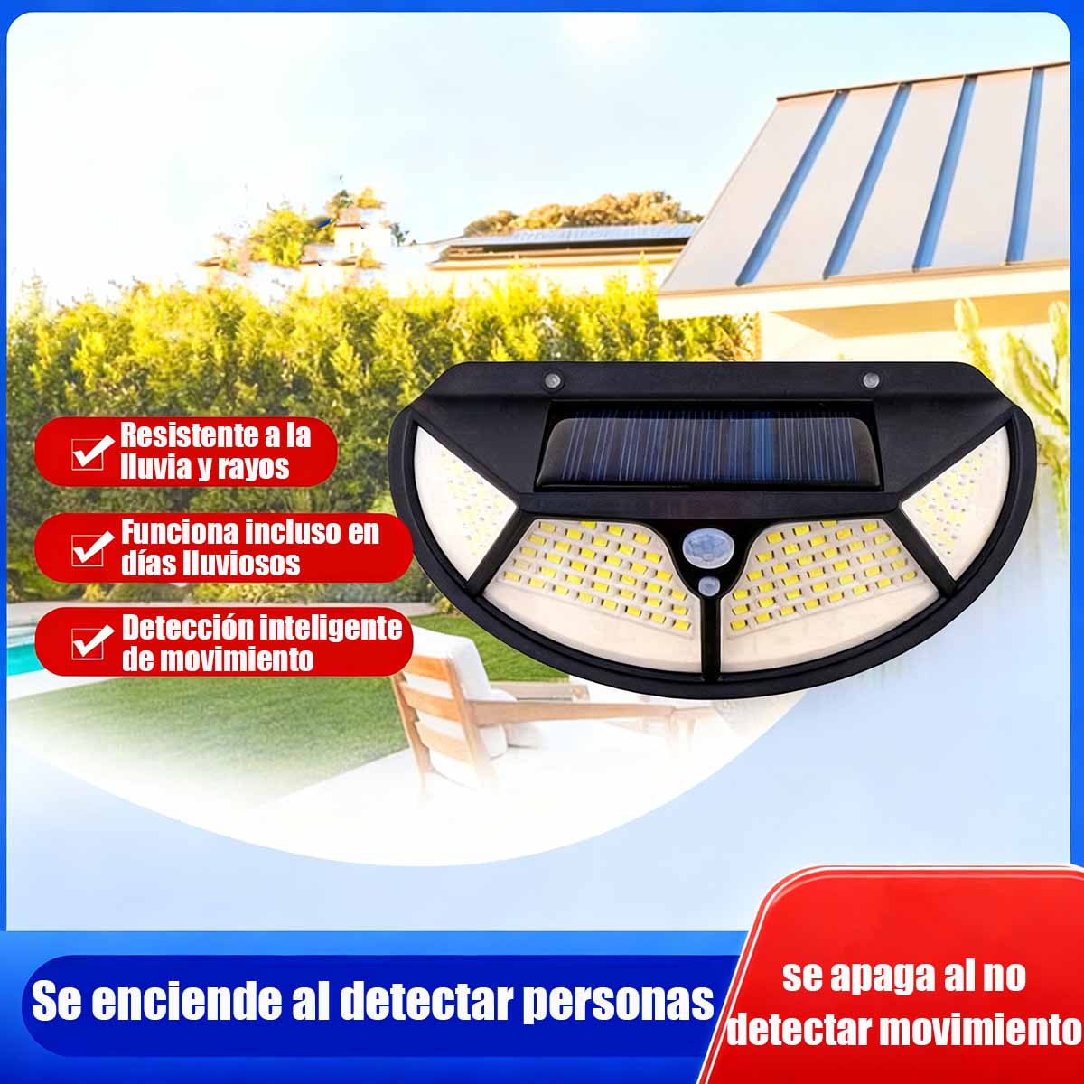 Lámpara de pared solar LED para exteriores, de cuatro caras iluminadas, con sensor de movimiento, ideal para jardines y patios.
