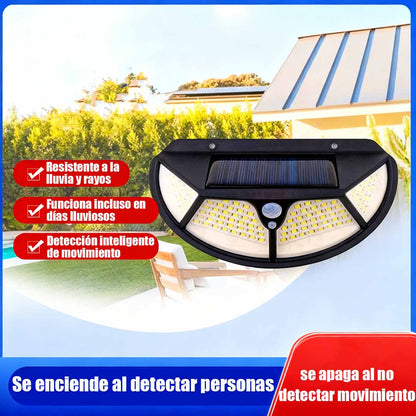 Lámpara de pared solar LED para exteriores, de cuatro caras iluminadas, con sensor de movimiento, ideal para jardines y patios.