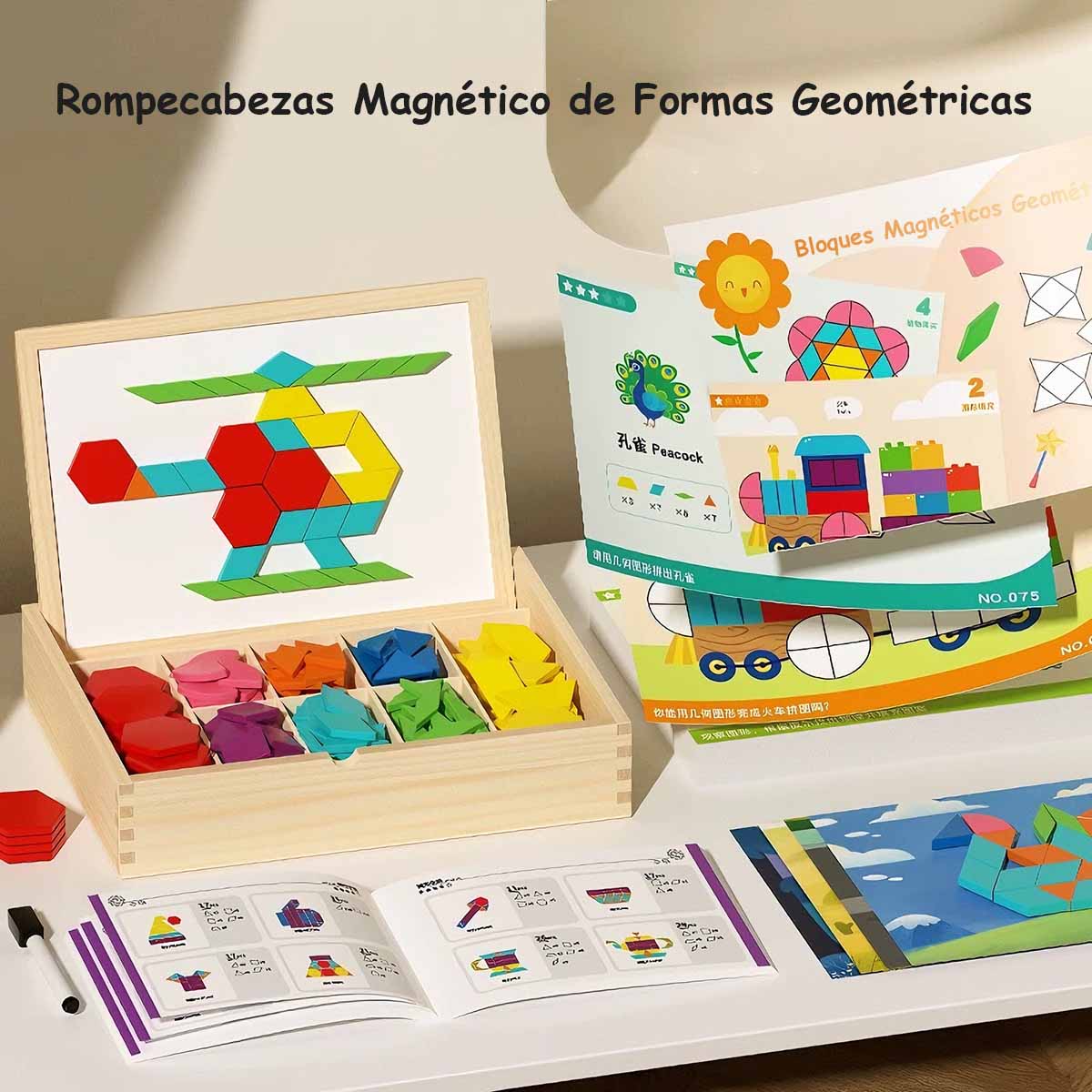 Rompecabezas tangram magnético, mosaico de piezas geométricas con imanes, juguete educativo de madera para niños, creatividad y aprendizaje temprano.