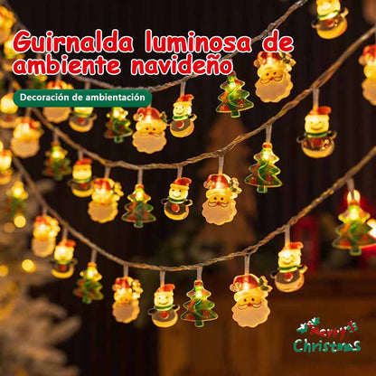 Guirnalda LED navideña con figuras de muñeco de nieve y Papá Noel, luces intermitentes de personajes de dibujos animados, decoración luminosa para escenas de fiestas.