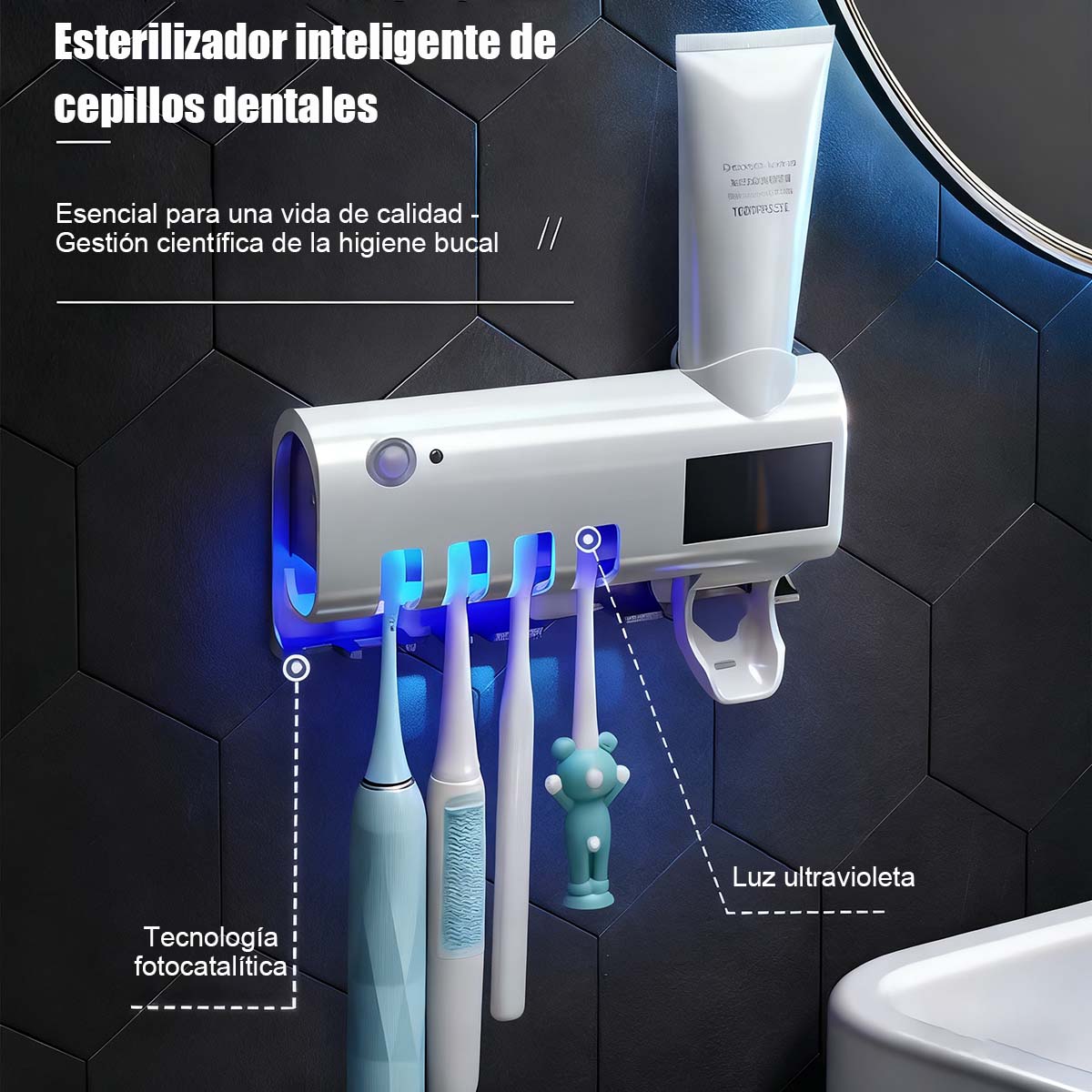 Esterilizador UV Inteligente para Cepillos de Dientes - Soporte de Pared Sin Taladro, Organiza y Desinfecta en el Baño