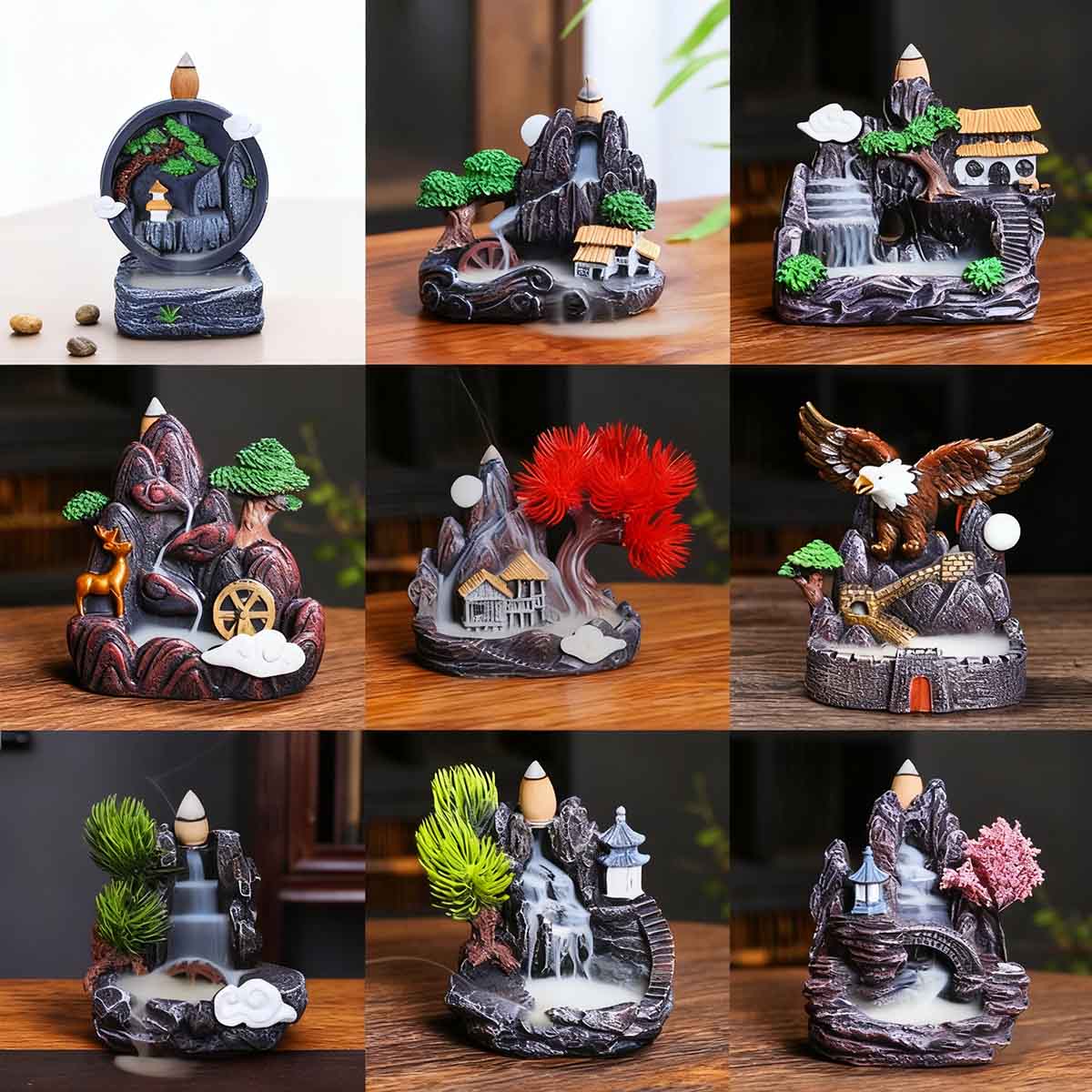 'Montaña y Arroyo Fluente': Pequeño quemador de incienso de resina con efecto cascada, para inciensos como sándalo y agar. Decoración para el hogar.