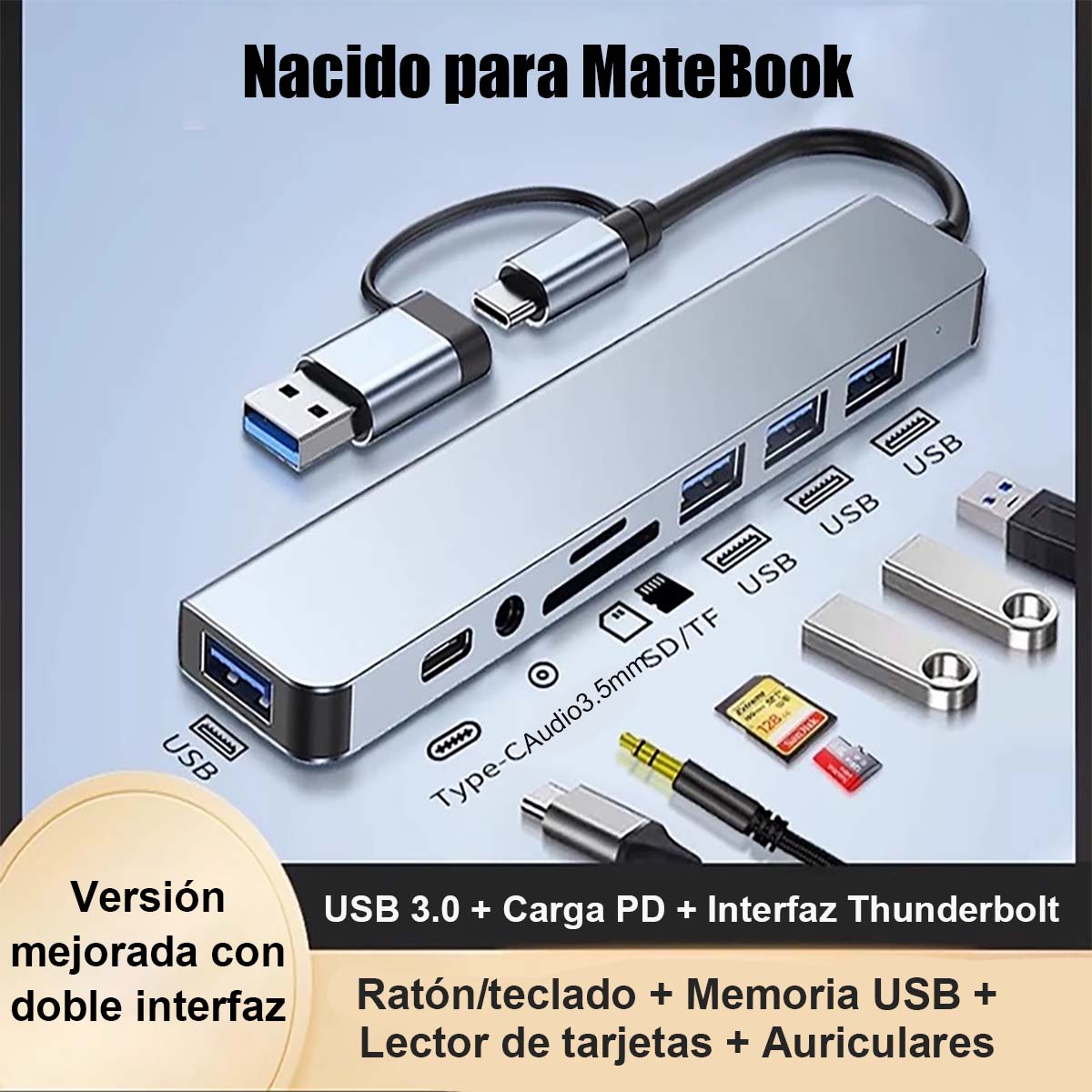 Hub 7 en 1 Type-C para portátil y tablet, concentrador USB de ocho puertos