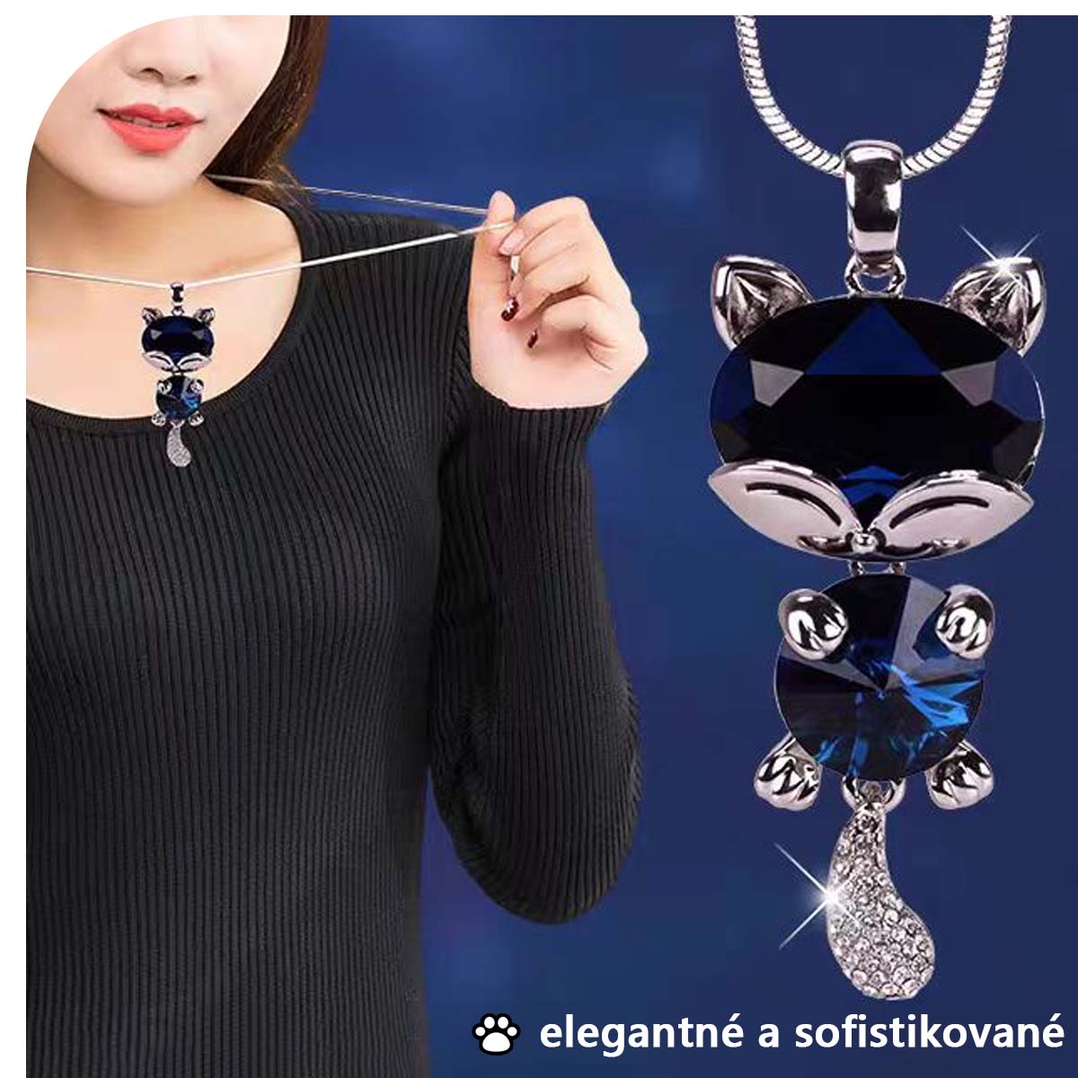 Kórejský univerzálny dlhý náhrdelník, elegantný dámsky jednoduchý a módny prívesok mačičky s kryštálom, sveterový náhrdelník a módny doplnok.