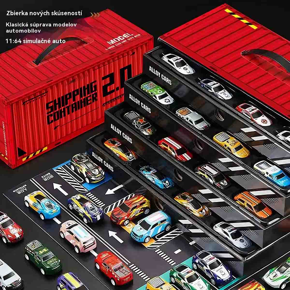 Detská darčeková sada kovových kontajnerových áut – realistické malé autíčka s pohonom na spätný ťah a mini parkoviskom, ideálne pre chlapcov.