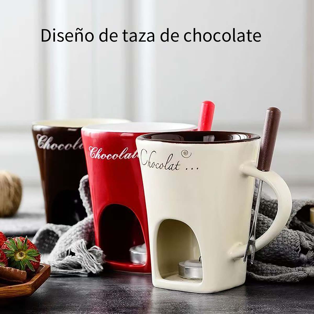 Taza de cerámica para chocolate, calentador de fondue, taza de fondue suizo para helado, taza de fondue de queso con tenedor incluido.