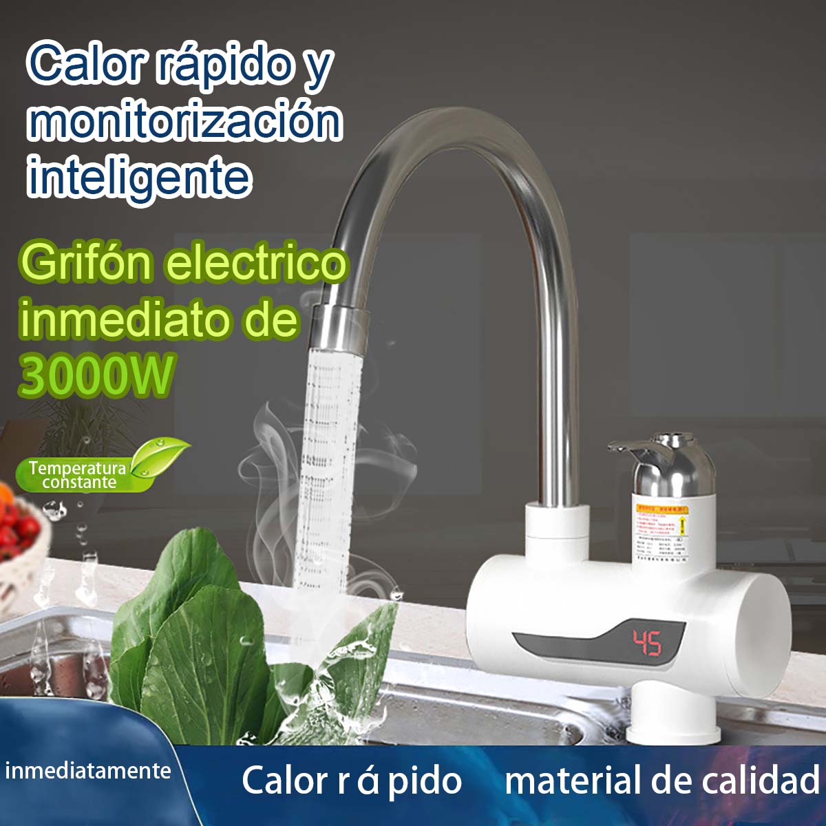 Grifo de agua instantánea para cocina y hogar - Grifo eléctrico con display digital, calefacción rápida, para agua fría y caliente, fácil instalación y uso.