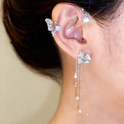 Nuevo modelo, elegante y moderno, pendientes de mariposa y flor con diamantes brillantes, pendientes sin perforación para mujeres, con borlas.