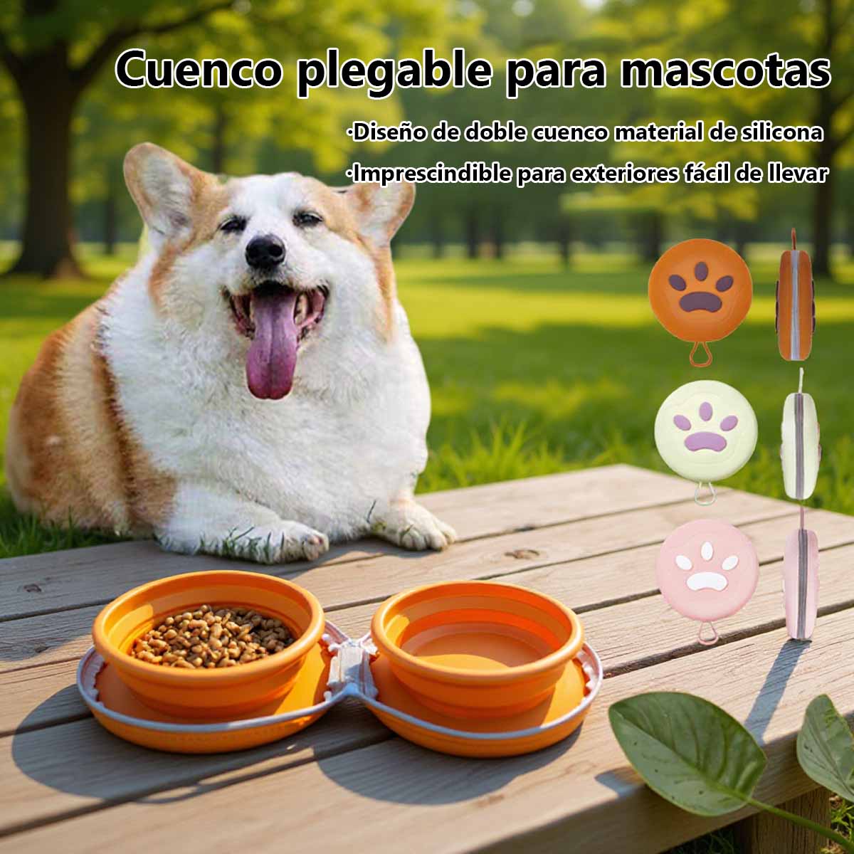 Bol plegable de silicona para mascotas, diseño de doble tazón, utensilios de alimentación ecológicos para perros y gatos en exteriores.