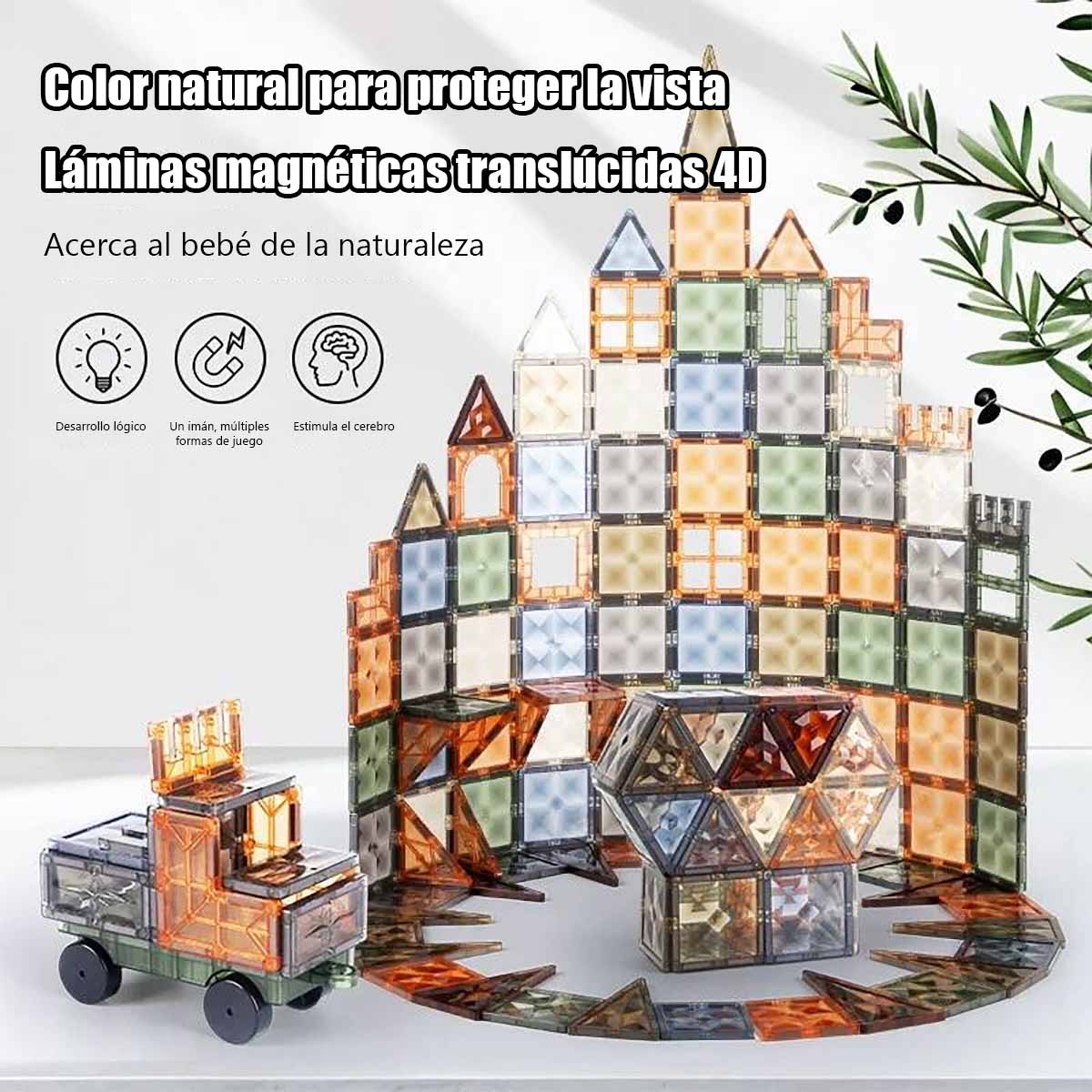 Juguete de piezas magnéticas grandes para niños, 100 piezas de bloques magnéticos en colores naturales, bloques de construcción magnéticos para un sinfín de combinaciones, juguete educativo y estimulante.