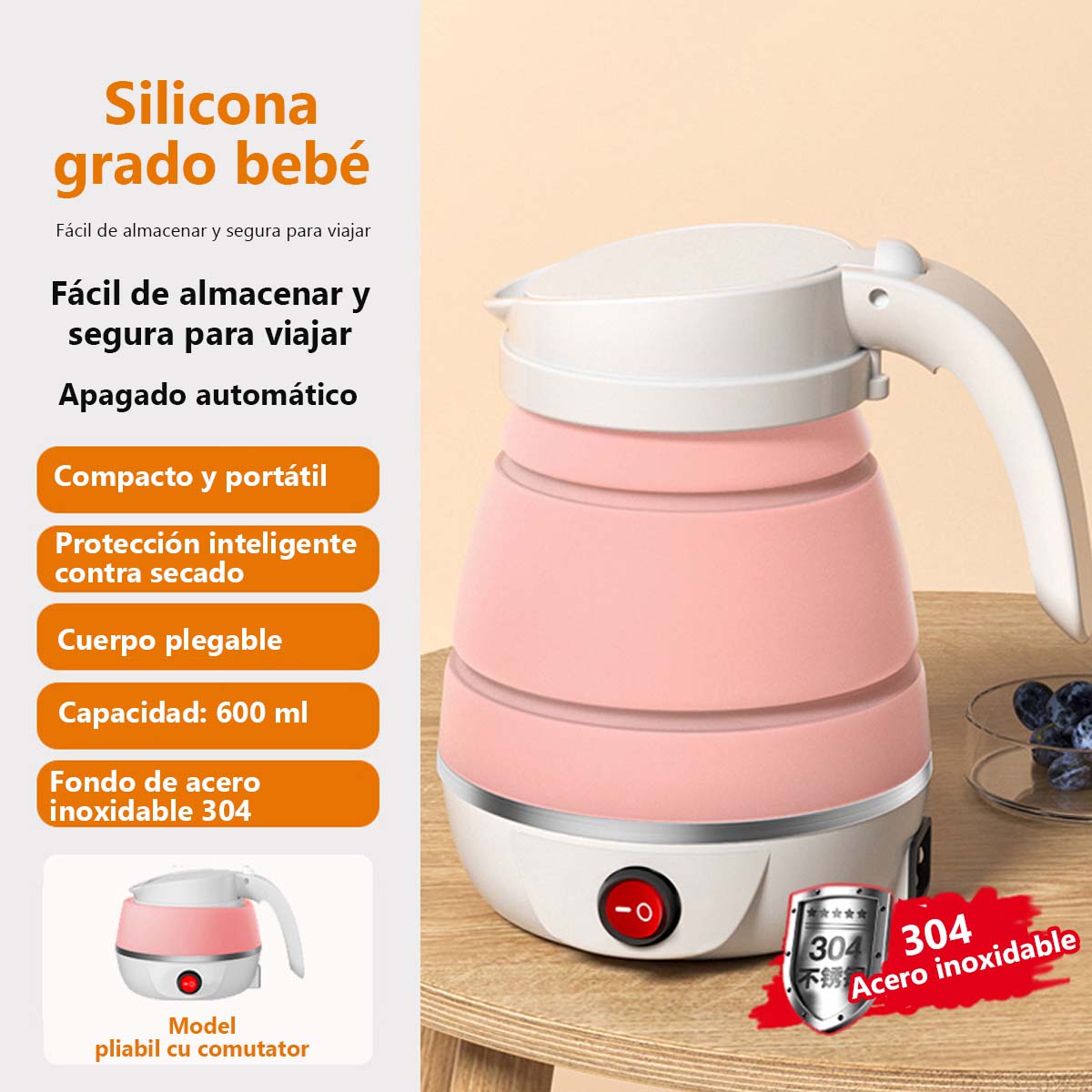 Hervidor portátil plegable, pequeño y compacto para viajes, mini termo eléctrico para mantener el agua caliente, ideal para dormitorios y uso doméstico.