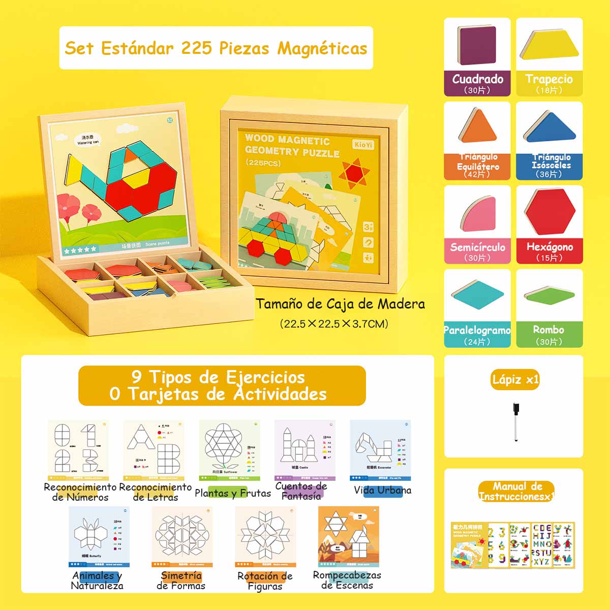 Rompecabezas tangram magnético, mosaico de piezas geométricas con imanes, juguete educativo de madera para niños, creatividad y aprendizaje temprano.