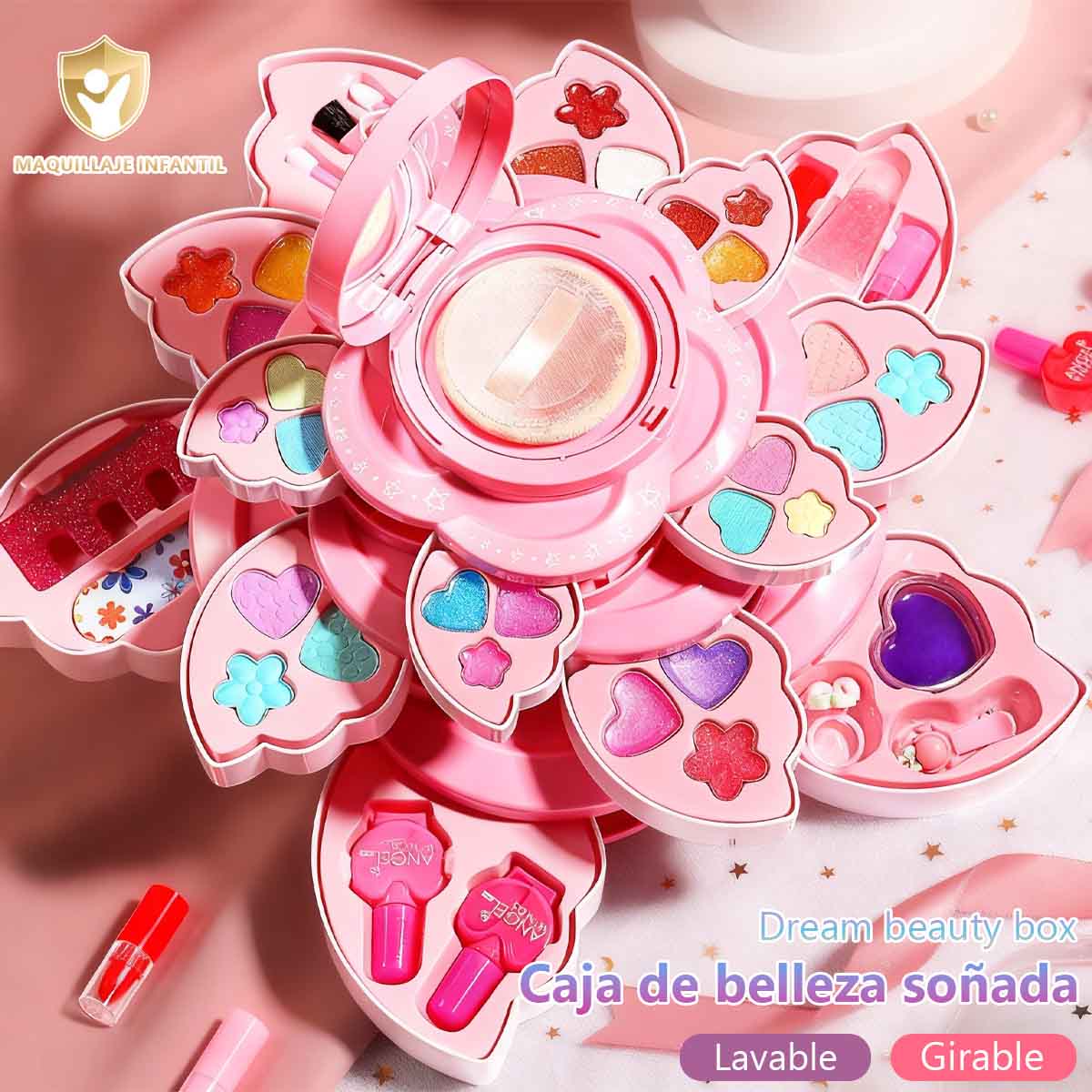 Set de maquillaje para niñas, caja de maquillaje giratoria con esmaltes de uñas, juguete de princesa para niñas, ideal como regalo de cumpleaños.