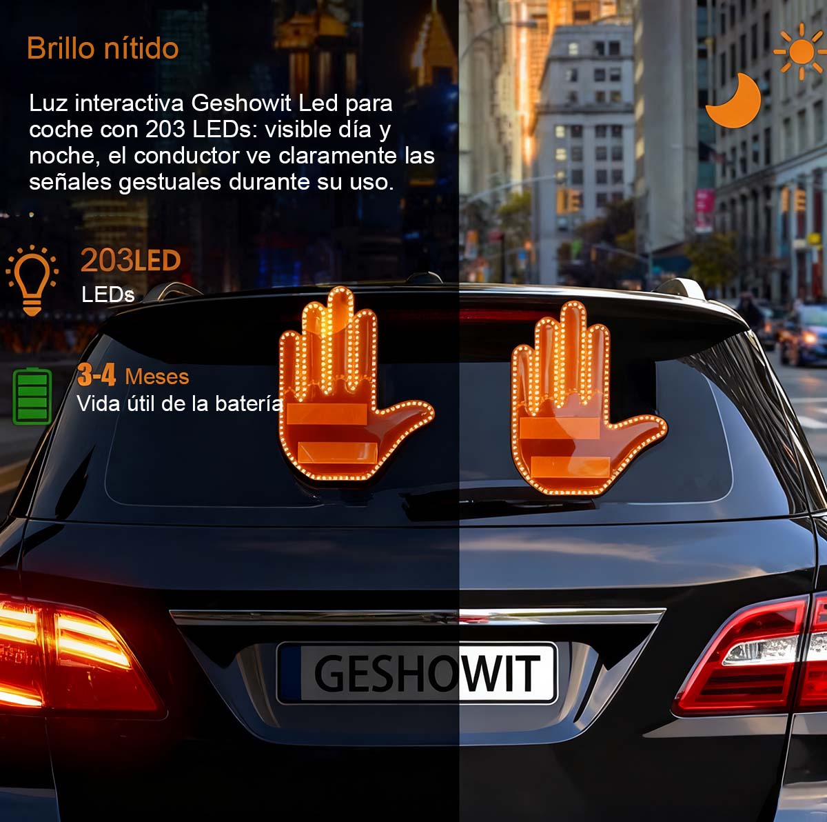 Luz de dedo para coche, luz de gestos, luz multifuncional para vehículo, luz de advertencia, luz anticolisión, luz interactiva de mano.