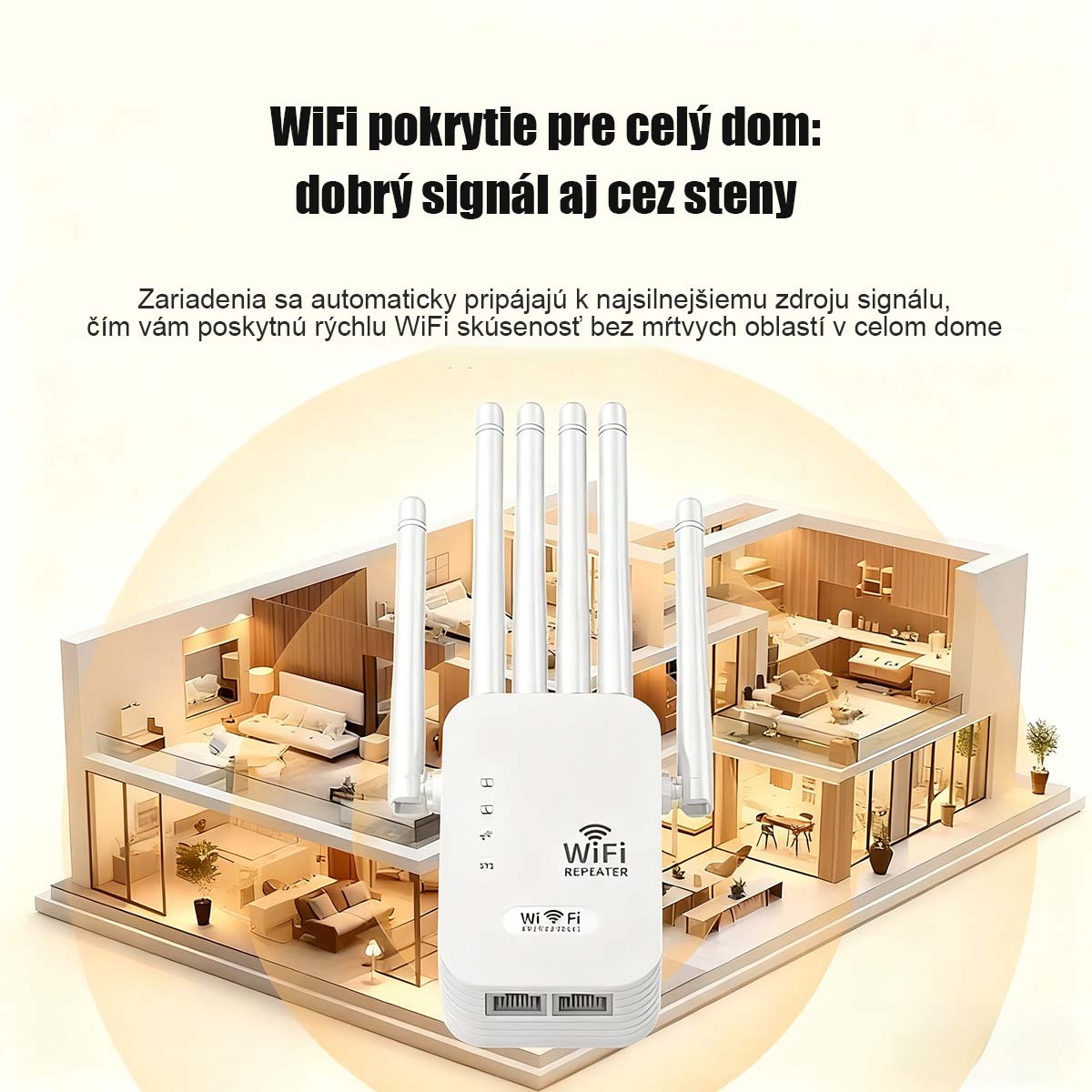 Populárny zosilňovač Wi-Fi signálu pre domácnosť, so 6 anténami, silným prienikom cez steny a funkciou opakovača na rozšírenie a zosilnenie bezdrôtovej siete