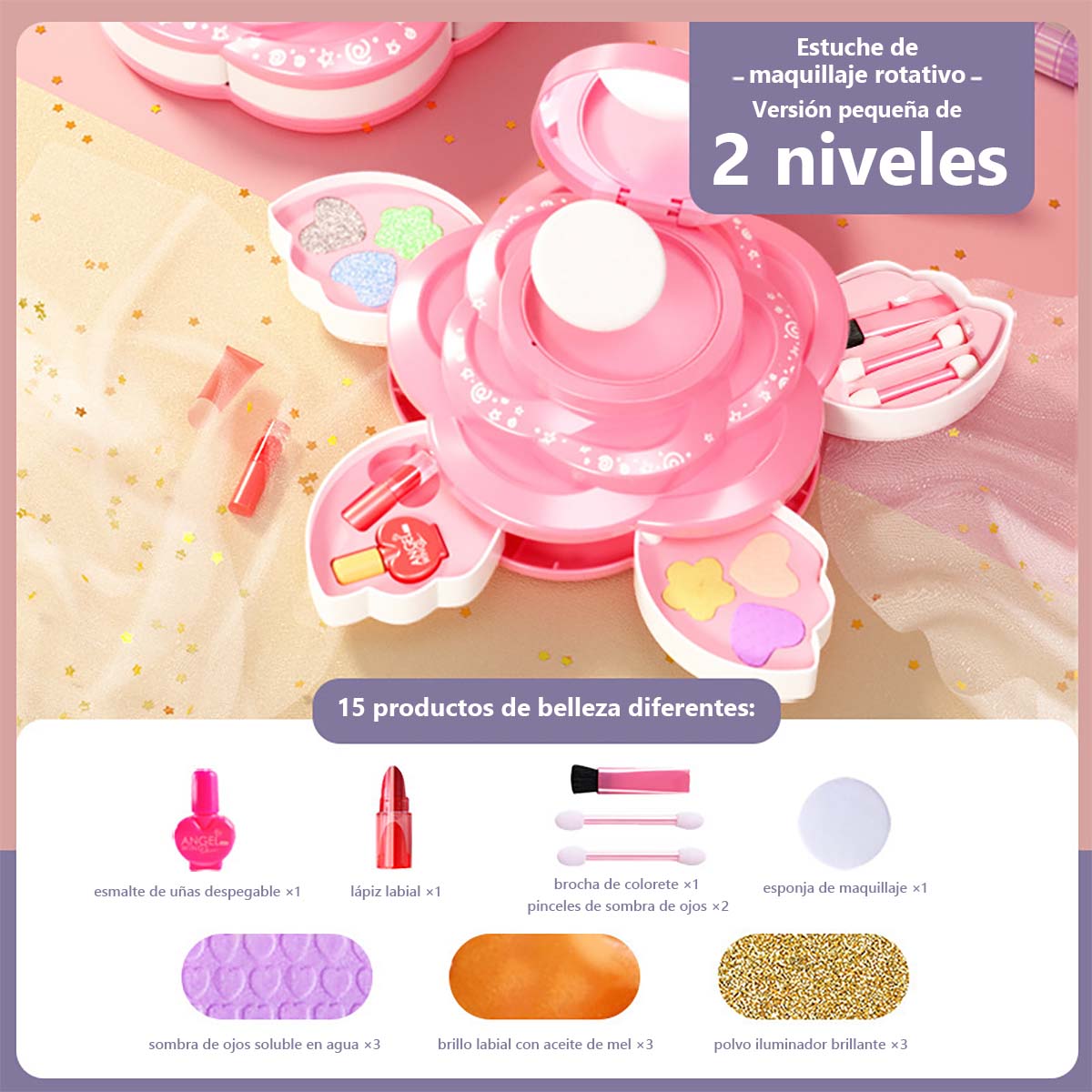 Set de maquillaje para niñas, caja de maquillaje giratoria con esmaltes de uñas, juguete de princesa para niñas, ideal como regalo de cumpleaños.