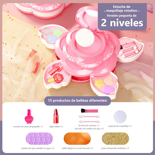 Set de maquillaje para niñas, caja de maquillaje giratoria con esmaltes de uñas, juguete de princesa para niñas, ideal como regalo de cumpleaños.