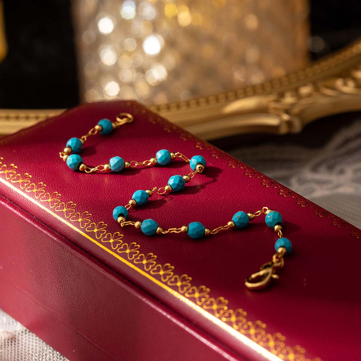 Juego de Joyería Turquesa Vintage: Collar y Pulsera de Cuentas, Estilo Francés Retro y Elegante para Suéter