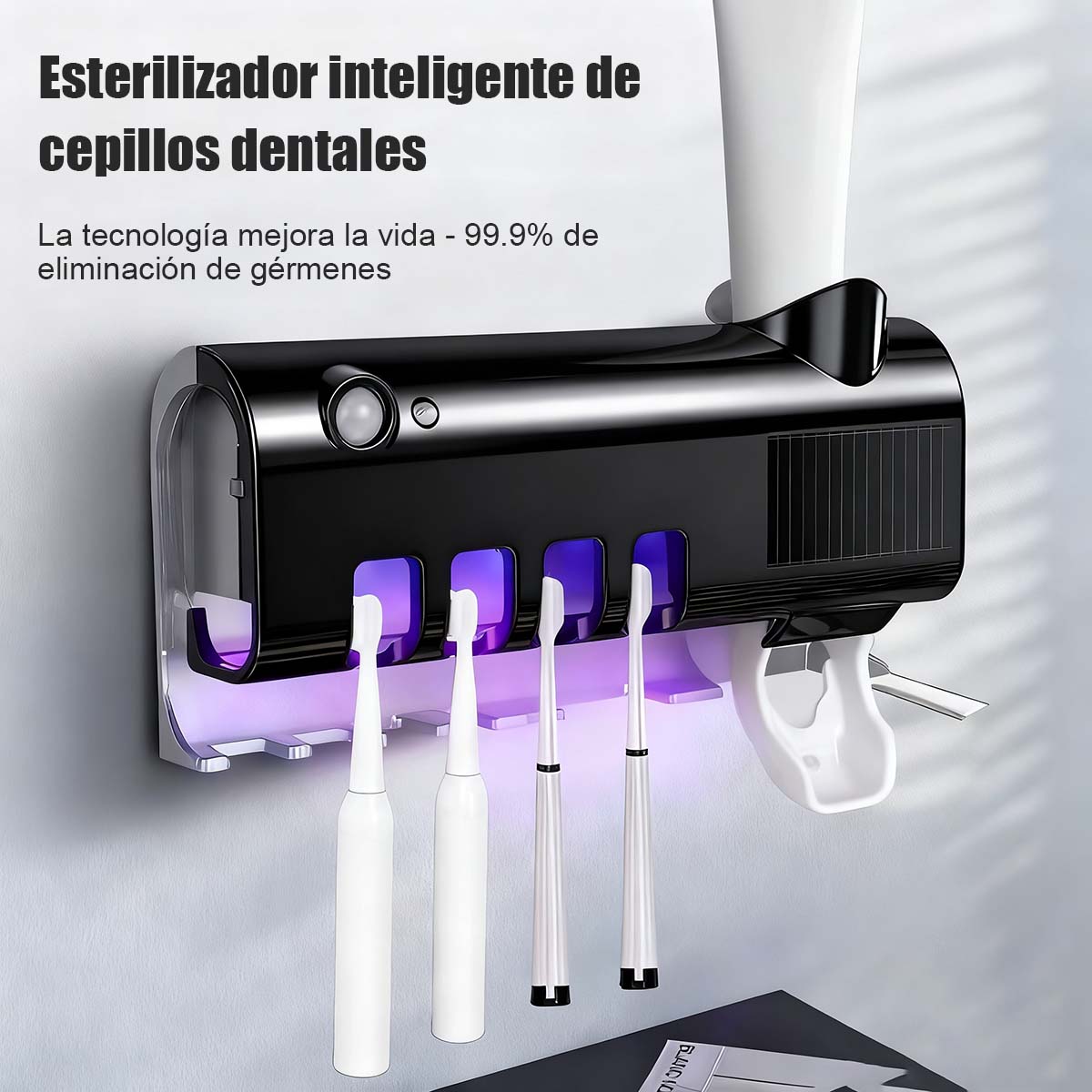 Esterilizador UV Inteligente para Cepillos de Dientes - Soporte de Pared Sin Taladro, Organiza y Desinfecta en el Baño