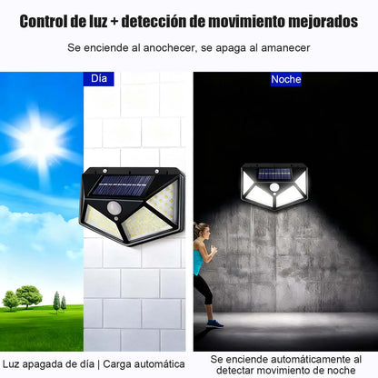 Lámpara de pared solar LED para exteriores, de cuatro caras iluminadas, con sensor de movimiento, ideal para jardines y patios.