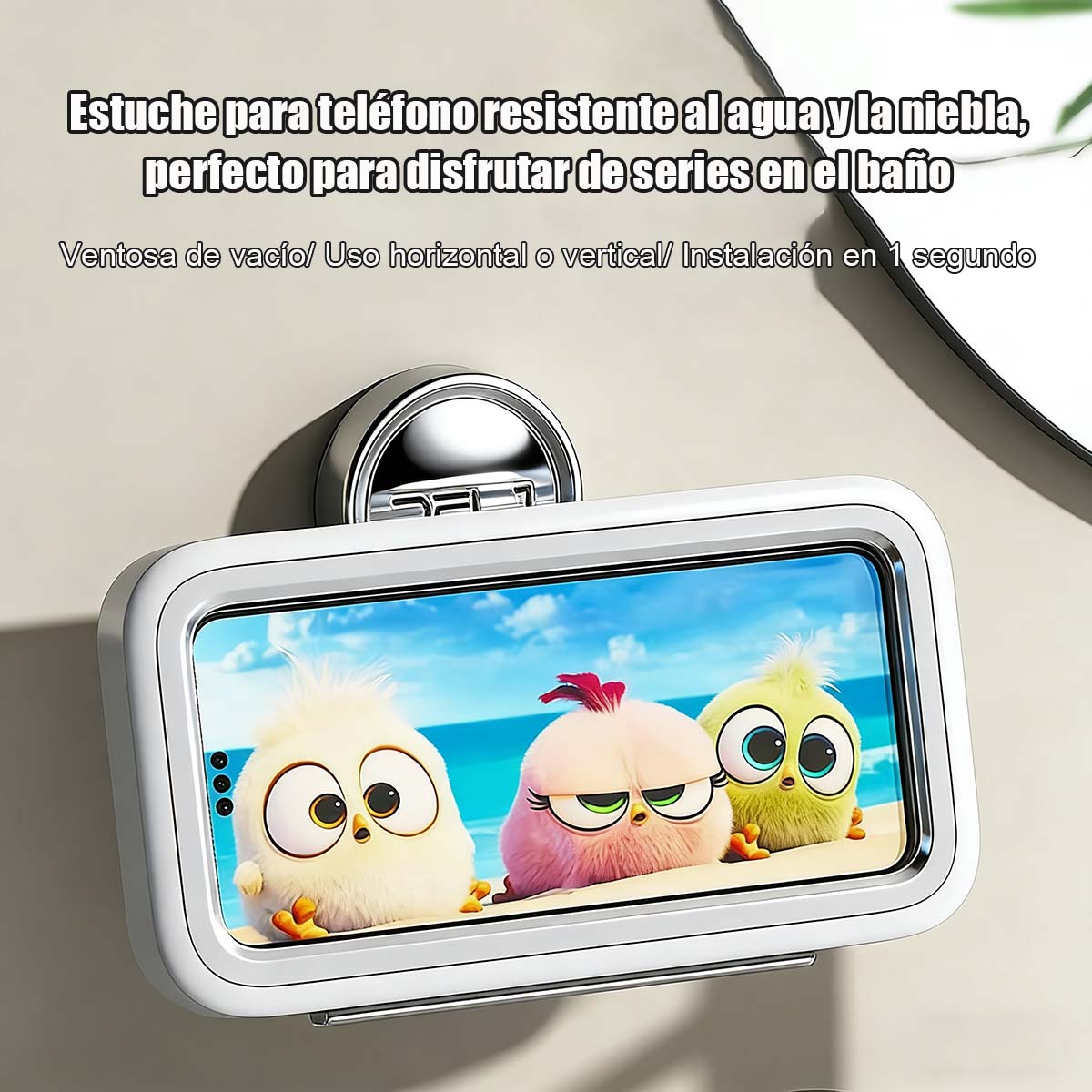 Caja para teléfono impermeable 360° rotatoria para baño, ducha y cocina, soporte de pared con ventosa para personas perezosas.