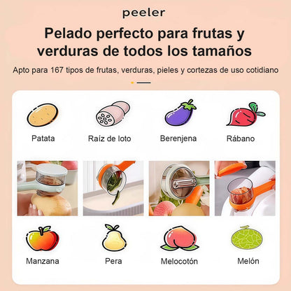 Caja de almacenamiento multifuncional para cocina, herramienta esencial para pelar patatas, rallador de frutas y pelador de verduras con almacenamiento para uso doméstico.