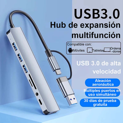 Hub 7 en 1 Type-C para portátil y tablet, concentrador USB de ocho puertos