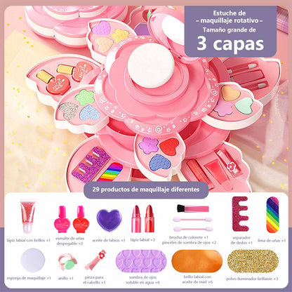 Set de maquillaje para niñas, caja de maquillaje giratoria con esmaltes de uñas, juguete de princesa para niñas, ideal como regalo de cumpleaños.