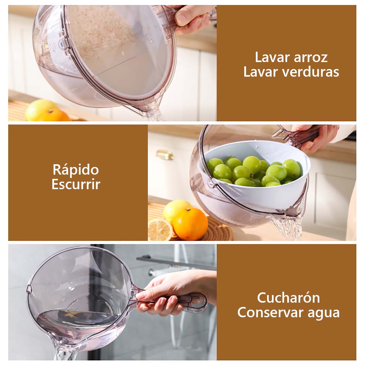 Nuevo colador multifuncional de cocina Taomi: lava arroz y verduras sin ensuciar las manos, mango ergonómico, cesta para escurrir frutas y vegetales.