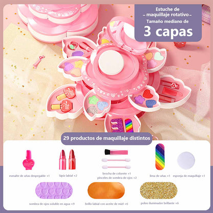 Set de maquillaje para niñas, caja de maquillaje giratoria con esmaltes de uñas, juguete de princesa para niñas, ideal como regalo de cumpleaños.