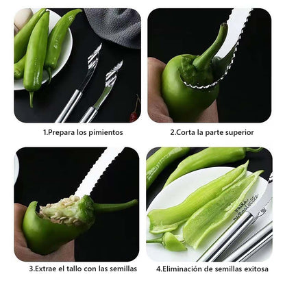Desinfectador de semillas de acero inoxidable para pimientos, removedor de semillas de pimientos verdes, herramienta para sacar semillas, extractor de corazón de pimiento.