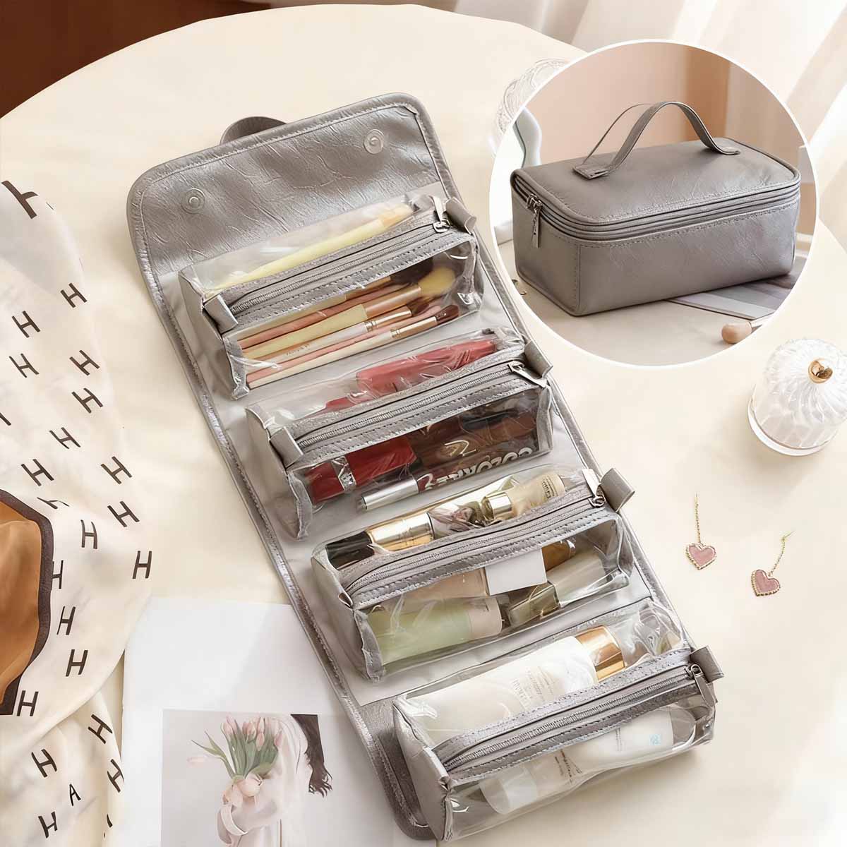 Bolso de maquillaje colgante y desmontable para personas perezosas; bolso de almacenamiento plegable y portátil de cremoso para viajes, que combina cuatro funciones en uno (maquillaje y aseo).