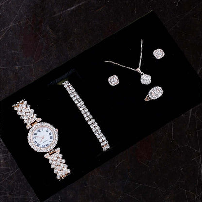 Conjunto de reloj con diamantes en forma de "fuente de riquezas", set de 5 piezas de pulseras de moda, reloj de cuarzo estilo europeo y americano para mujer.