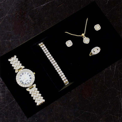 Conjunto de reloj con diamantes en forma de "fuente de riquezas", set de 5 piezas de pulseras de moda, reloj de cuarzo estilo europeo y americano para mujer.