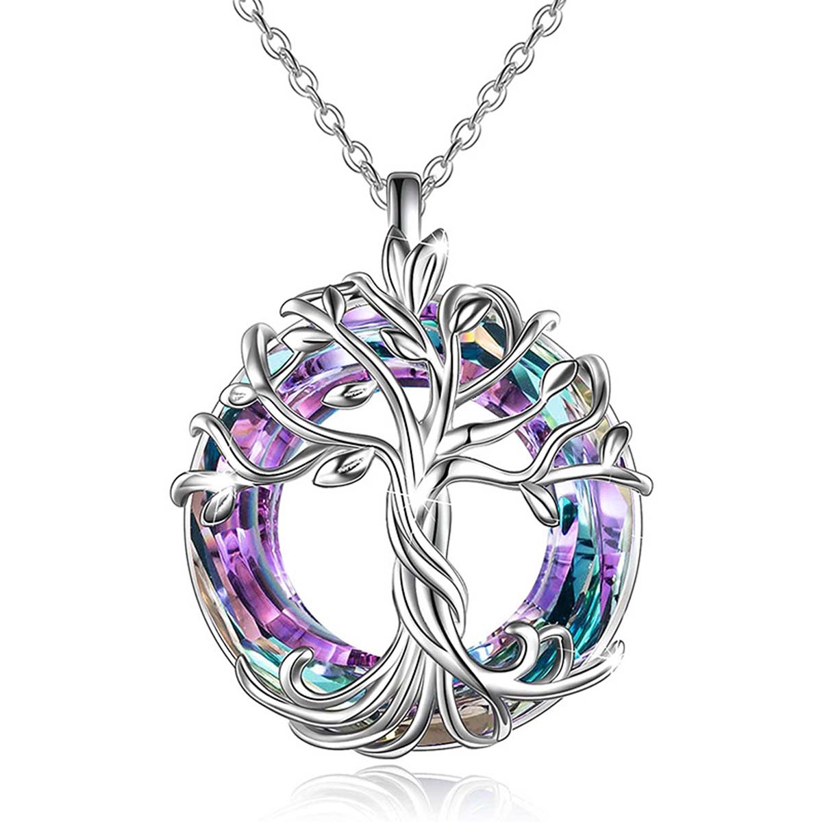 "Collar de cristal del árbol de la vida, colgante de cristal con anillo circular de colores incrustado en aleación."