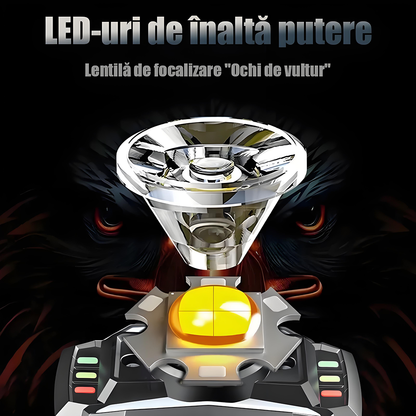 Lampă frontală inteligentă cu senzor, multifuncțională, cu multiple surse de lumină, reîncărcabilă, pentru exterior.