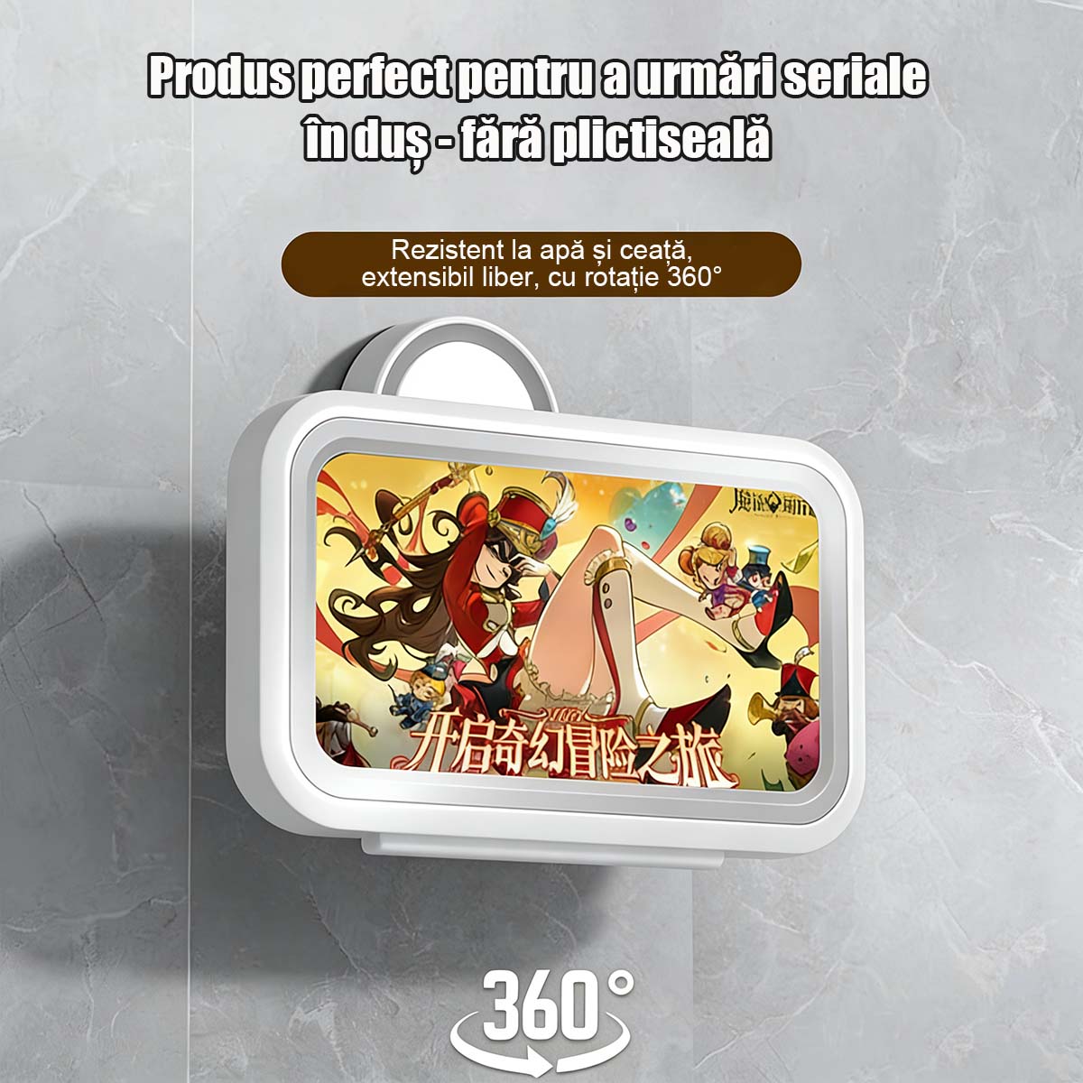 Cutie rotativă 360° pentru telefon, rezistentă la apă, pentru baie | Suport de perete pentru baie, duș, bucătărie, cu ventuză, ideal pentru cei care preferen comoditatea.