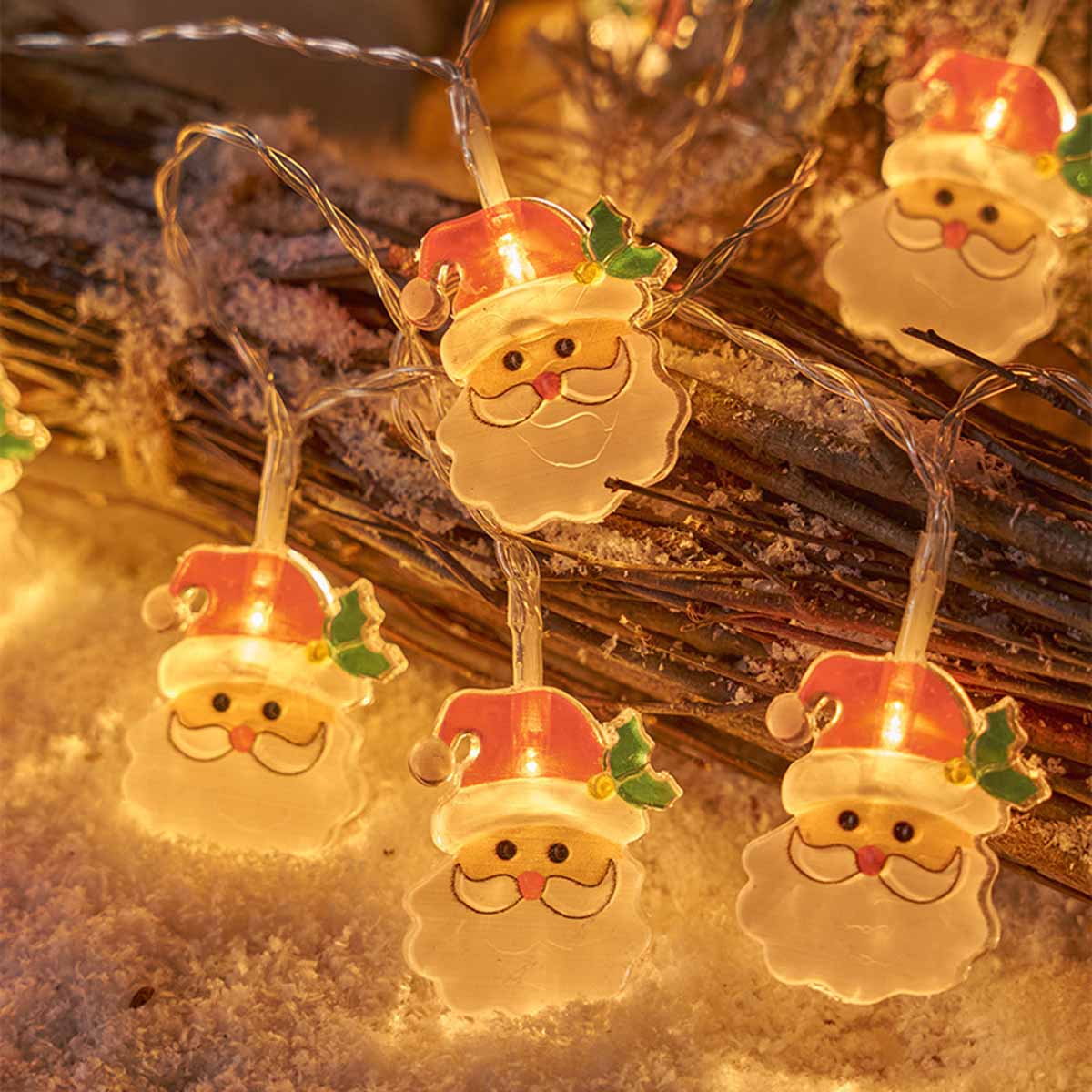 Guirnalda LED navideña con figuras de muñeco de nieve y Papá Noel, luces intermitentes de personajes de dibujos animados, decoración luminosa para escenas de fiestas.