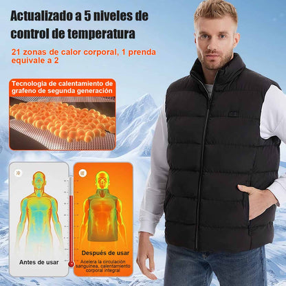 Chaleco térmico de invierno para hombre con doble interruptor y 9 zonas de calefacción, calentamiento inteligente con grafeno, cuello alto y diseño grueso, alimentado por batería.