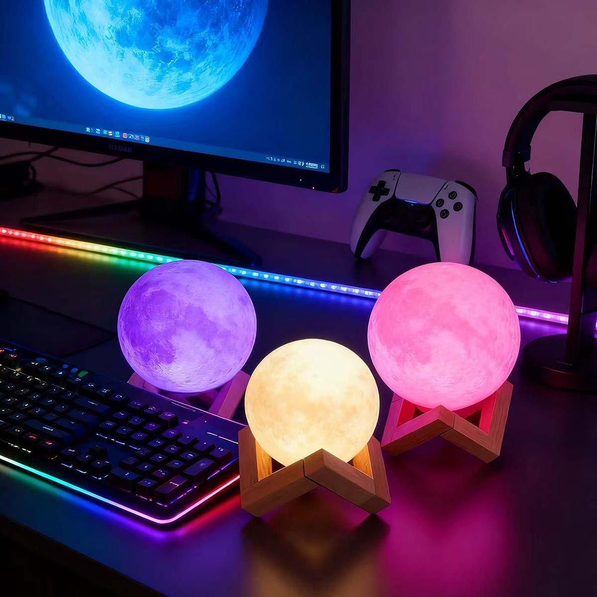 Lámpara creativa de cabecera con ambiente lunar | Lámpara nocturna para dormitorio, luz de sueño, lámpara de ambiente con diseño de luna y estrellas, recargable, popular en redes sociales.