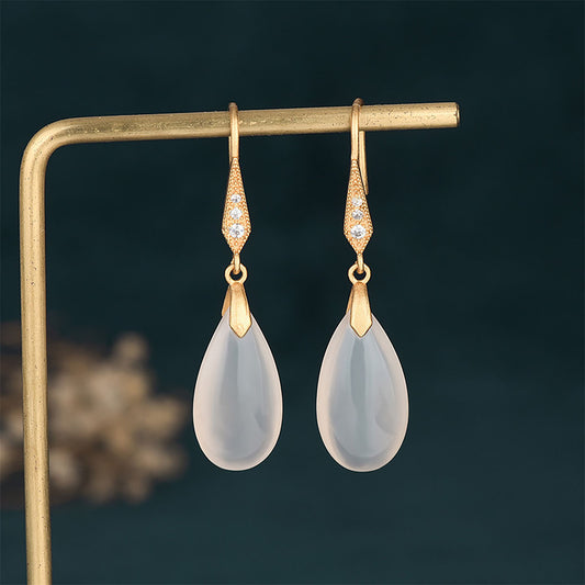 Pendientes de estilo chino clásico, aretes de qipao con aguja de plata 925, con gotas naturales de ágata y cuarzo chalcedonia.