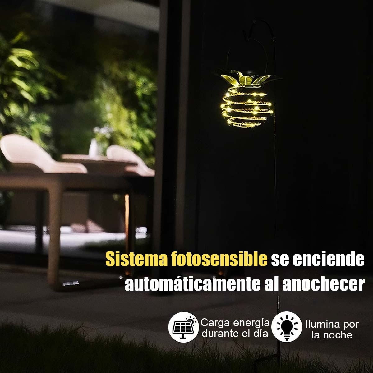 Farol de piña con luz solar, estructura de hierro, cadena de luces LED de hilo de cobre; lámpara colgante impermeable para decoración de jardines exteriores
