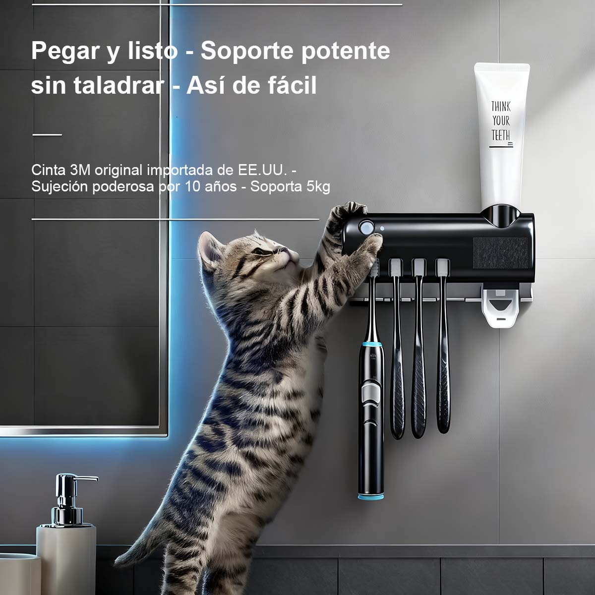 Esterilizador UV Inteligente para Cepillos de Dientes - Soporte de Pared Sin Taladro, Organiza y Desinfecta en el Baño