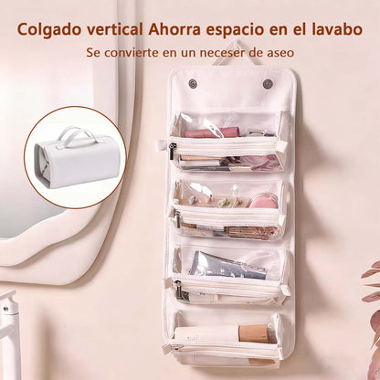 Bolso de maquillaje colgante y desmontable para personas perezosas; bolso de almacenamiento plegable y portátil de cremoso para viajes, que combina cuatro funciones en uno (maquillaje y aseo).