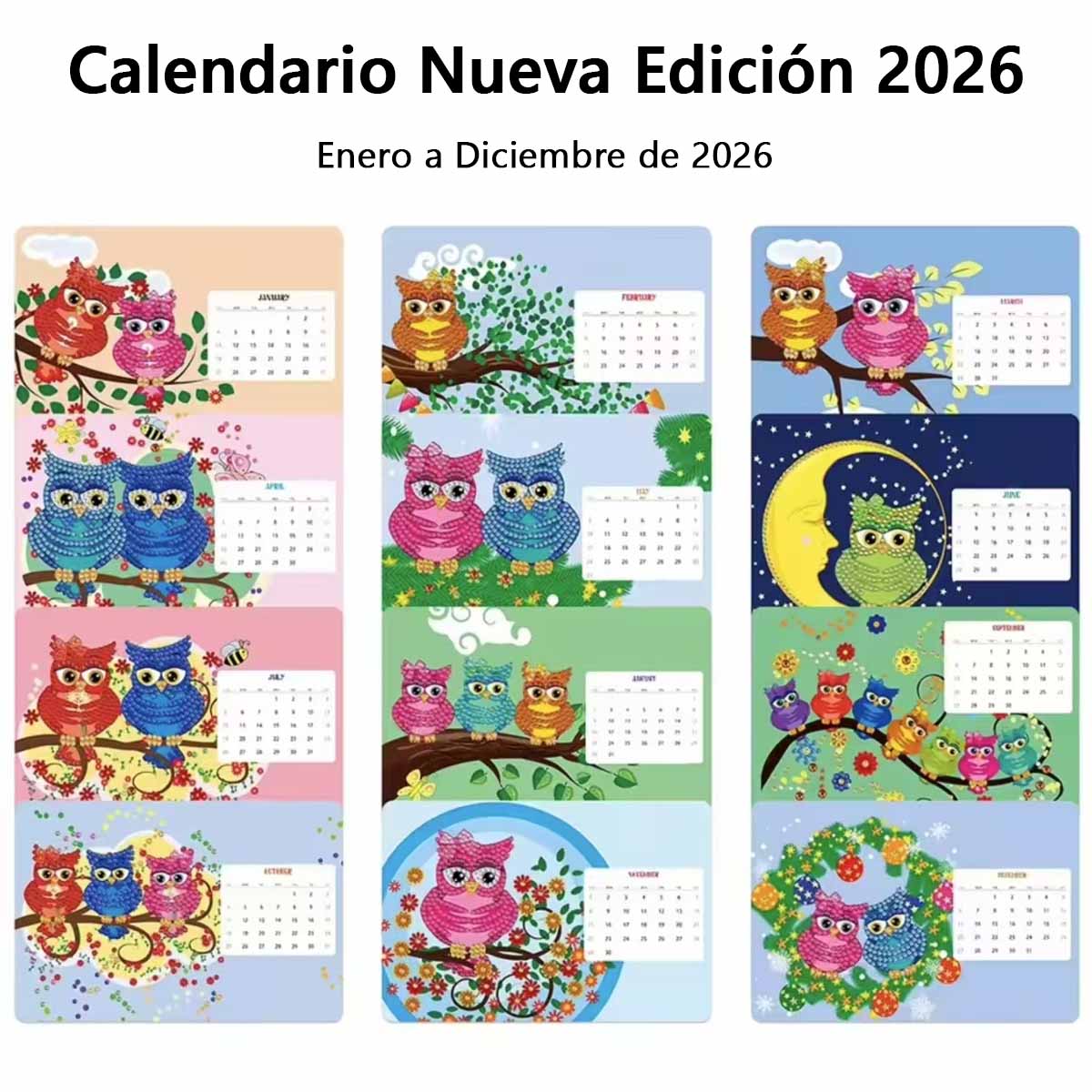 El nuevo calendario de mesa de diamantes 2026, pintura de diamantes hecha a mano, calendario de dibujos animados con cristales adhesivos.