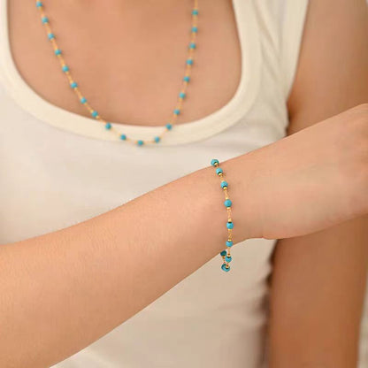 Juego de Joyería Turquesa Vintage: Collar y Pulsera de Cuentas, Estilo Francés Retro y Elegante para Suéter